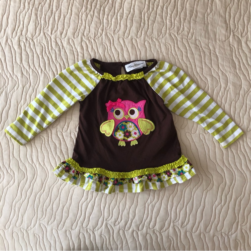 Rare Editions brown and green striped owl dress 18 months